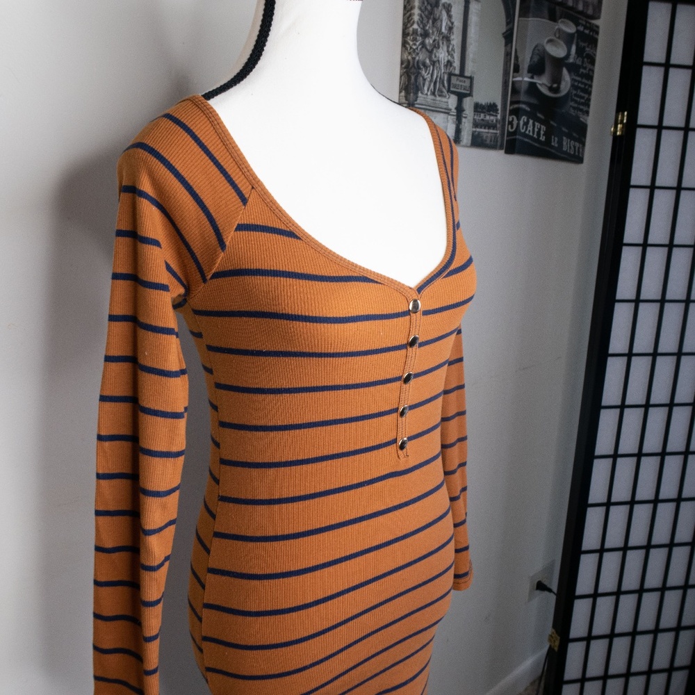 Striped Rib-knit Long Sleeve Dress
